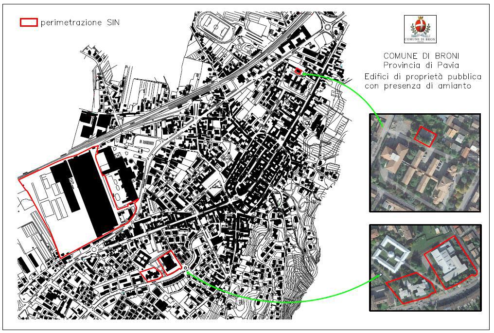 Piantina del Comune di Broni PV evidenzia edifici con presenza di amianto