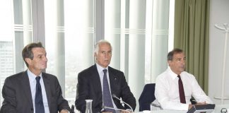 Olimpiadi 2026, il presidente della Regione Lombardia Attilio Fontana, al tavolo con il presidente del Coni Malagò e il sindaco di Milano Sala.