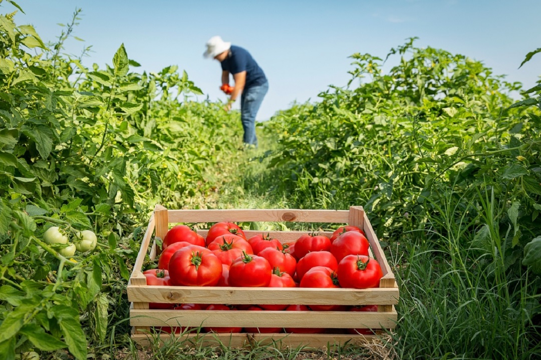 In foto un agricoltore che coltiva pomodori, alcuni già raccolti nel cesto: quella dei pomodori è l’economia più produttiva in Regione Lombardia, finanziata ora con 100 milioni di investimenti