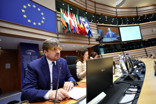 L'assessore Guidesi mentre parla al microfono al Parlamento europeo