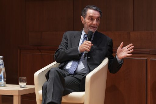 Il presidente della Regione Attilio Fontana in un momento dell'intervento sul tema 'Carceri, il modello Lombardia' organizzato dall'associazione Spazio Aperto a Milano.