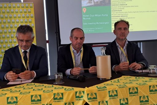 Giuseppe Blasi del ministero, il commissario PSA Giovanni Filippini e l'assessore Alessandro Beduschi al convegno Coldiretti sulla PSA