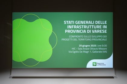 Un cartellone degli ‘Stati Generali delle Infrastrutture in provincia di Varese – Confronto sullo sviluppo dei progetti del territorio provinciale’ che si sono svolti al Museo MAGA di Gallarate (VA)