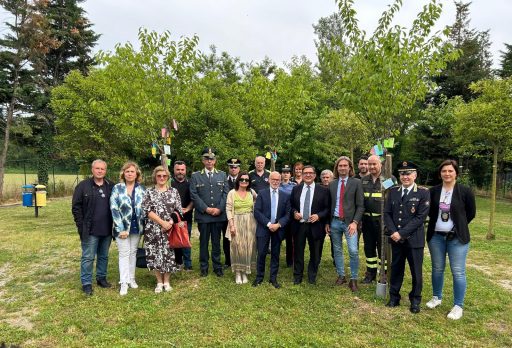 Foto di gruppo al parco della legalità con l'Ulivo a Rho. Foto utilizzata per articolo su tour beni confiscati di La Russa che si è tenuto a Busto Arsizio e Rho
