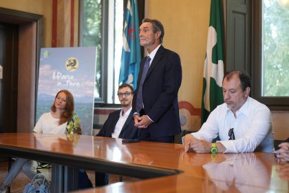 Il presidente della Regione Lombardia Attilio Fontana in un momento del suo intervento al Parco del Ticino