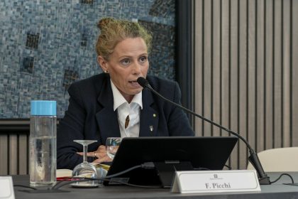 Il sottosegretario alla Presidenza della Regione Lombardia Federica Picchi a Sondrio in un momento del suo intervento sulla valorizzazione della filiera dello sport 