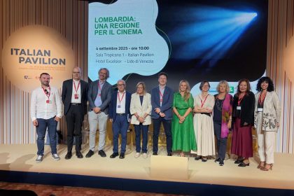 In foto i partecipanti al panel, alla Mostra del Cinema di Venezia, dove è intervenuta anche l’assessore di Regione Lombardia Francesca Caruso