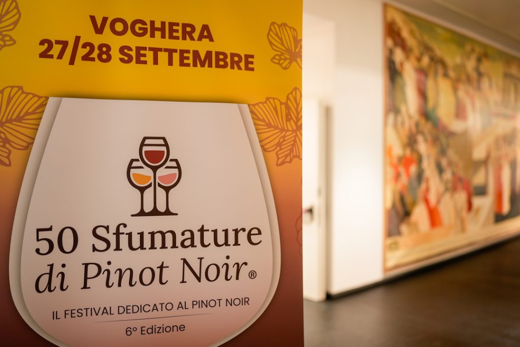 Presentata in Regione Lombardia la sesta edizione di ‘50 Sfumature di Pinot Noir’, la rassegna dedicata al tipico vino regionale: in foto il roll-up esposto alla conferenza stampa