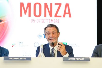 Il presidente della Regione Lombardia, Attilio Fontana, interviene alla conferenza stampa di presentazione dell'edizione 2025 del Gran Premio d'Italia di Formula Uno in programma domenica 7 settembre 2025 a Monza