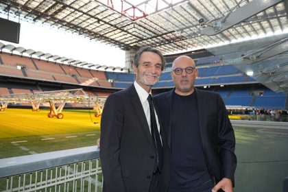 Il presidente di Regione Lombardia Attilio Fontana e l'assessore regionale Massimo Sertori alla presentazione della cerimonia di inaugurazione di Milano Cortina 2026