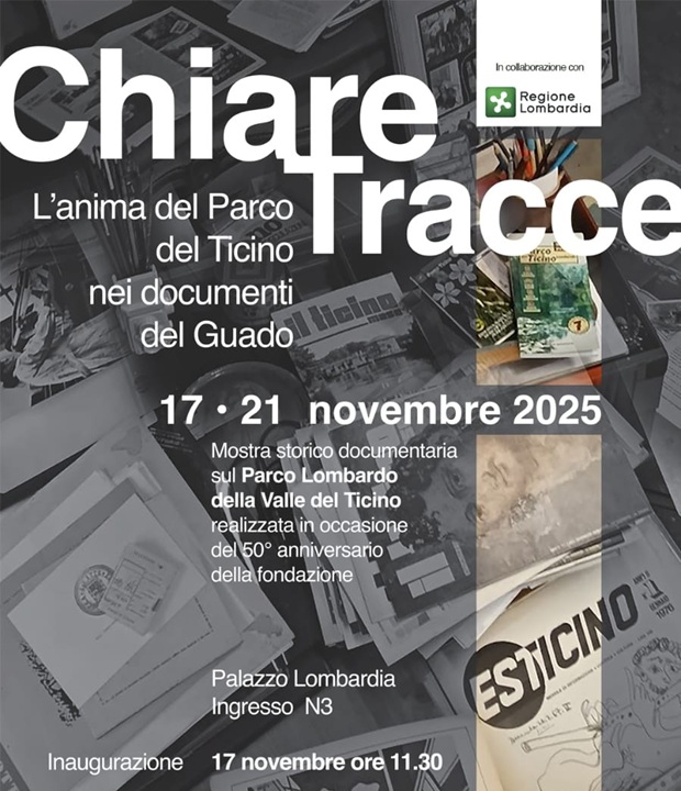 Tredici pannelli, teche con documenti originali e diverse composizioni pittoriche raccontano, in una mostra, 'Chiare Tracce', la storia del 50 anni del Parco del Ticino.