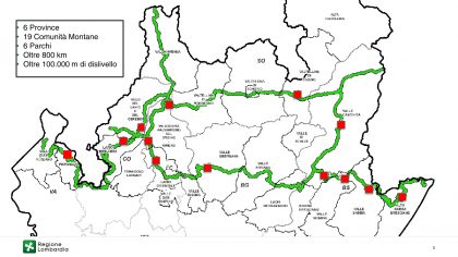In foto il tracciato escursionistico della ‘Via Montagna Lombarda’ presentata a Palazzo Lombardia che tocca sei province della Regione