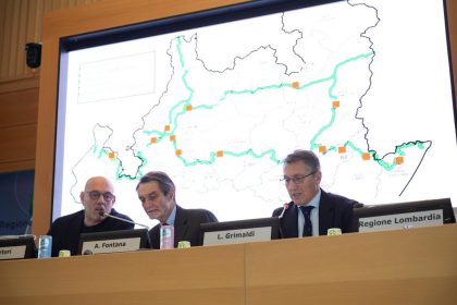 In foto il presidente della Regione Lombardia, Attilio Fontana e l’assessore regionale alla Montagna, Massimo Sertori durante la conferenza stampa di presentazione della ‘Via Montagna Lombarda’