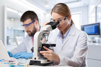 immagine generica di scienziati con microscopio per dare idea della delibera su finanziamento della ricerca degli ircss in Lombardia