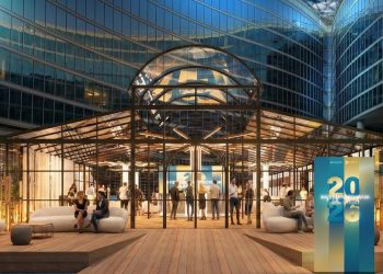 Il rendering della Media Lounge di 'Casa Lombardia' che ospiterà i giornalisti e gli eventi durante le Olimpiadi e le Paralimpiadi 2026