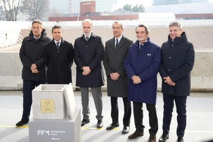 I protagonisti della conferenza stampa di posa della prima pietra del nuovo centro di produzione Rai a Milano: il presidente della Regione Lombardia Attilio Fontana, il presidente di Fondazione Fiera Giovanni Bozzetti, l’amministratore delegato Rai Giampaolo Rossi, il sindaco di Milano Beppe Sala