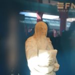 Il presidente di Regione Lombardia Attilio Fontana presente alla cerimonia di svelamento della scultura del progetto 'Adotta una statua' 2026, il 'Santo barbuto con libro' , in foto.