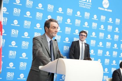 Il presidente della Regione Attilio Fontana interviene durante la conferenza stampa di inaugurazione della 46esima edizione della BIT – Borsa Internazionale del Turismo