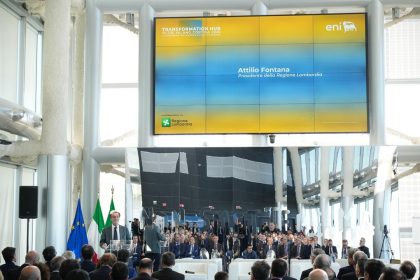 In foto il presidente della Regione Lombardia Attilio Fontana all’evento di Eni al Belvedere di Palazzo Lombardia dedicato all’eredità olimpica