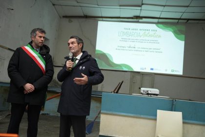 Durante la seconda tappa del tour Aree Interne 2026 'Lombardia Autentica' il presidente della Regione Lombardia Attilio Fontana interviene insieme al sindaco di Cernobbio Matteo Monti