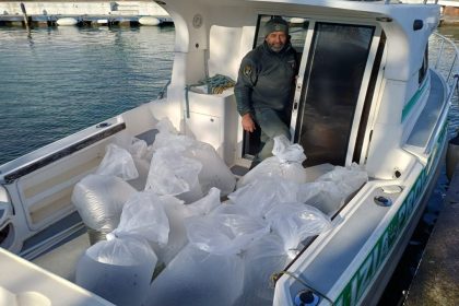 Un momento dell'immissione dei piccoli coregoni nei laghi di Garda e Iseo con la Polizia provinciale