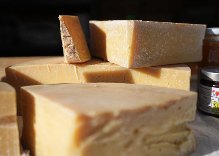 un tipico formaggio della Valtellina in esposizione al villaggio Coldiretti di Bormio per le Olimpiadi 2026