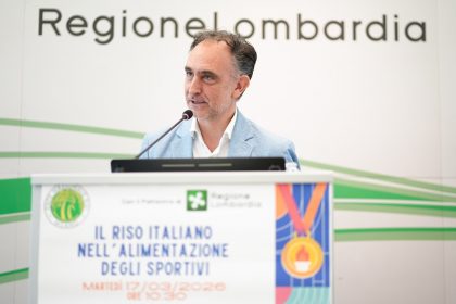 L’assessore all’Agricoltura Sovranità alimentare e foreste Alessandro Beduschi interviene alla conferenza stampa ‘Il riso italiano nell’alimentazione degli sportivi’ a cura dell’Ente Risi Milano