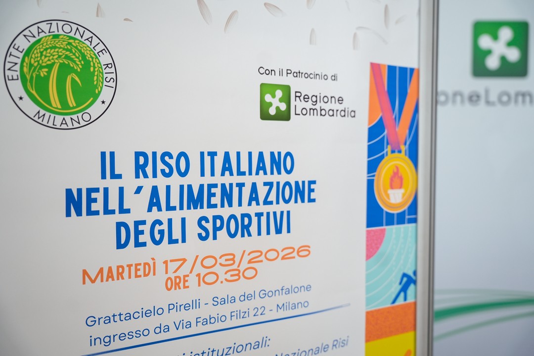 Locandina della conferenza stampa ‘Il riso italiano nell’alimentazione degli sportivi’ a Milano