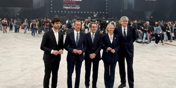 Al centro il presidente della regione Lombardia Attilio Fontana in un momento dell'inaugurazione dell'Unipol Dome di Milano