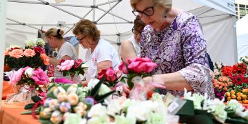 In foto un gruppo di signore dello stand dedicato ai fiori di carta di Monte Isola (Brescia) in posa in piazza Città di Lombardia in occasione della Festa della Regione 2026