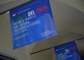 Nella foto ingresso sala e gonfaloni evento l'Italia del Pnrr con partecipazione presidente Regione Lombardia Attilio Fontana