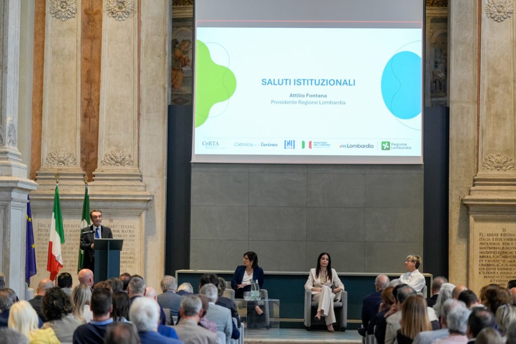 Il presidente della Regione Lombardia, Attilio Fontana, interviene a Brescia al convegno ‘La legacy turistica dei grandi eventi e l’impatto sui territori’