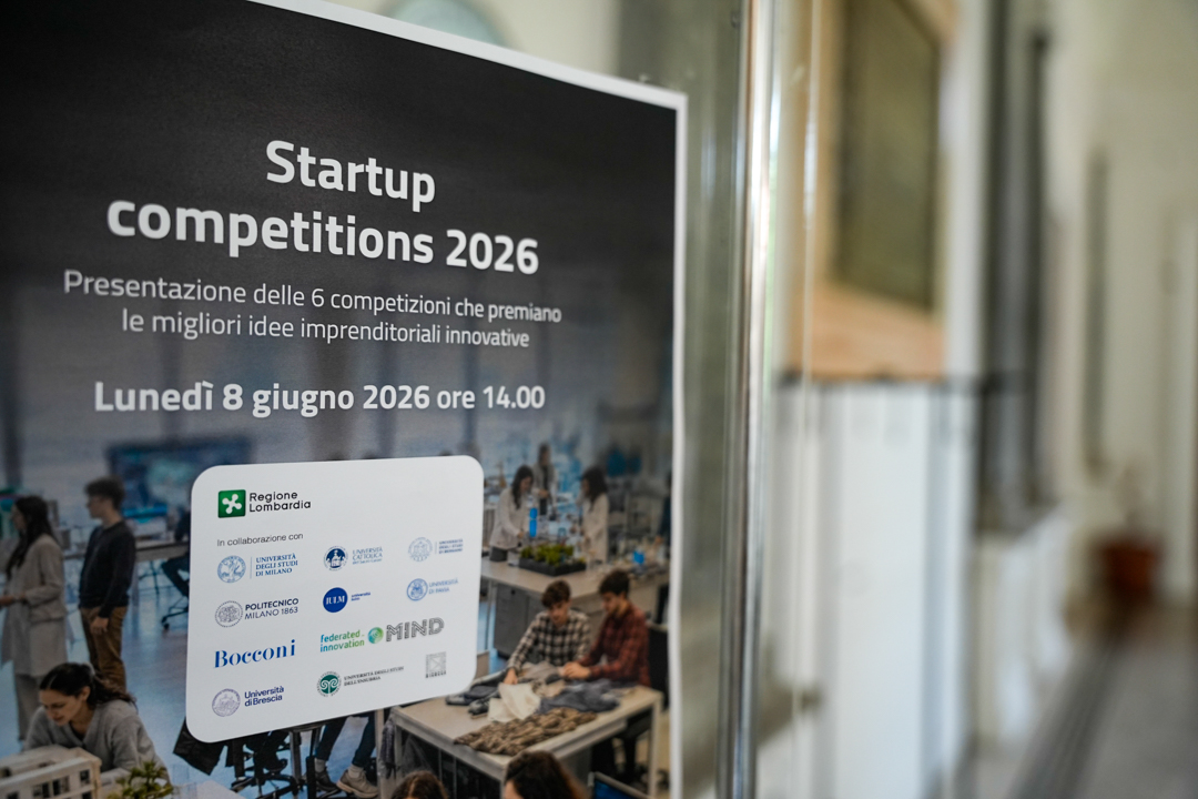 Assessore Guido Guidesi alla presentazione delle Start Up Competitions 2026 di regione Lombardia presso Politecnico di Milano