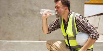 Nella foto un lavoratore si tutela dal caldo idratandosi. Regione Lombardia emana ordinanza a tutela dei lavoratori esposti al sole