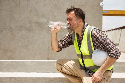 Nella foto un lavoratore si tutela dal caldo idratandosi. Regione Lombardia emana ordinanza a tutela dei lavoratori esposti al sole