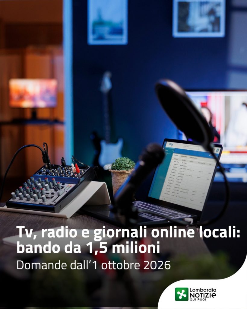 Regione Lombardia aumenta del 50%  le risorse per sostenere le emittenti Tv, le radio e i giornali online locali stanziando così per l’anno in corso 1,5 milioni di euro.

Due le principali linee di intervento:
➡Linea A –  1,2 milioni per emittenti televisive e radiofoniche
➡Linea B – 300.000 per testate giornalistiche online

📅 Le domande di contributo dovranno essere presentate esclusivamente in modalità telematica attraverso la piattaforma Bandi e Servizi dalle ore 10 del 1 ottobre alle ore 12 del 23 ottobre 2026.

👉 Scopri di più al link in bio

#lnews #lombardianotizie #regionelombardia #televisioni #radio #giornali
