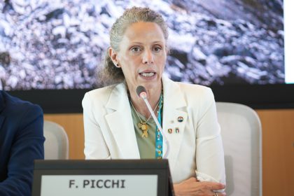 In foto il sottosegretario allo Sport Federica Picchi nel corso della conferenza stampa a Palazzo Lombardia di presentazione della Maga Skymarathon