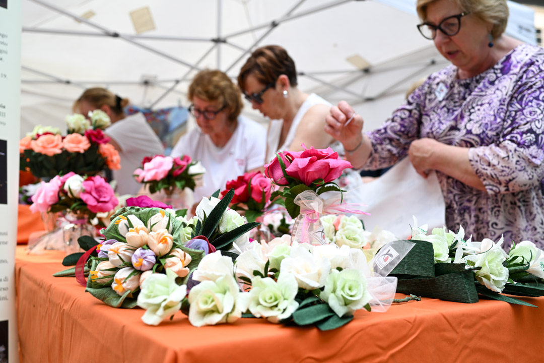 Fiori realizzati a mano Festa di Santa Croce. La foto mostra alcune signore intente nella realizzazione dei tradizionali fiori di carta