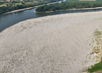 Siccità Fiume Po, l'immagine mostra una veduta dall'alto del fiume Po in secca nei pressi di Cremona . Immagine utilizzata per no presupposti stato di crisi o emergenza _Shutterstock 18082026
