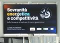 Il ledwall del convegno a Palazzo Lombardia su energia e sovranità energetica in cui è intervenuto il presidente Fontana