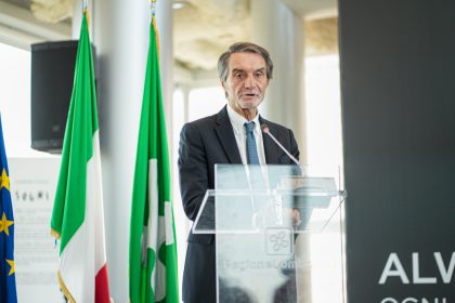 La conferenza stampa di presentazione di Eicma 2026 al Belvedere Berlusconi di Palazzo Lombardia: in foto il presidente Attilio Fontana