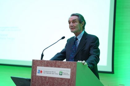 Il presidente della Regione Lombardia, Attilio Fontana, interviene all'inaugurazione simbolica della fine dei lavori dell'Irccs San Gerardo di Monza, della Torre della Ricerca della Fondazione Tettamanti e dei laboratori utilizzati per le attività di ricerca