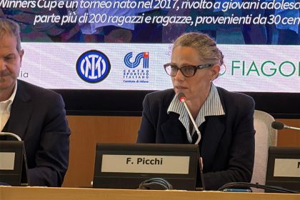 Il sottosegretario alla Presidenza con delega allo Sport e Giovani, Federica Picchi, interviene a Palazzo Lombardia alla conferenza stampa di presentazione dell’edizione 2026 del torneo calcistico Winners Cup