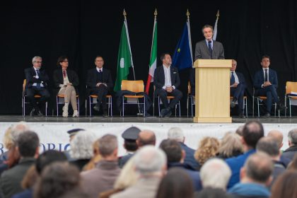 Via ufficiale al cantiere del Bosco della Musica. Regione Lombardia protagonista dell'intervento di rigenerazione del Conservatorio. In foto il presidente di Regione Lombardia Attilio Fontana in un momento del suo intervento sul palco.